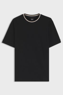 T-shirt van katoenpiqu&eacute; met gestreepte kraag, Zwart