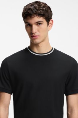 Cotton-piqu&eacute; T-shirt with striped collar, Black