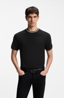 Cotton-piqu&eacute; T-shirt with striped collar, Black