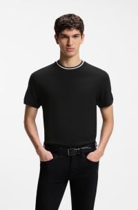 Cotton-piqu&eacute; T-shirt with striped collar, Black