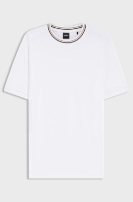 T-shirt en piqu&eacute; de coton avec col &agrave; rayures, Blanc