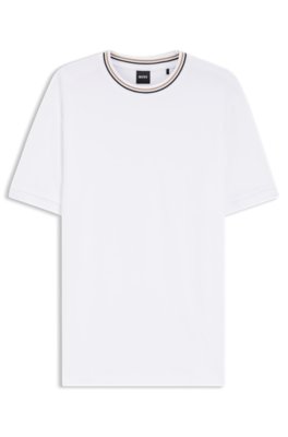 Boss Uomo Bianco T-Shirt In Piqué Di Cotone Con Colletto A Righe
