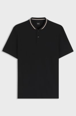 Henley-neck polo shirt in cotton piqu&eacute;, Black