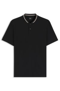Henley-neck polo shirt in cotton piqu&eacute;, Black