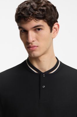 Henley-neck polo shirt in cotton piqu&eacute;, Black