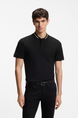 Henley-neck polo shirt in cotton piqu&eacute;, Black