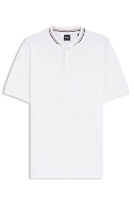 Henley-neck polo shirt in cotton piqu&eacute;, White