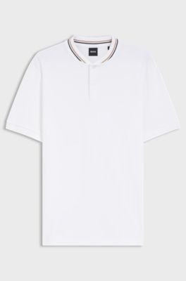 Henley-neck polo shirt in cotton piqu&eacute;, White