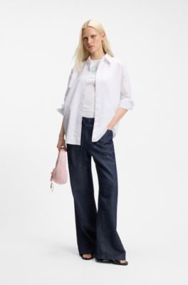 Oversized-fit blouse with burnout heart and logo print, White Patterned