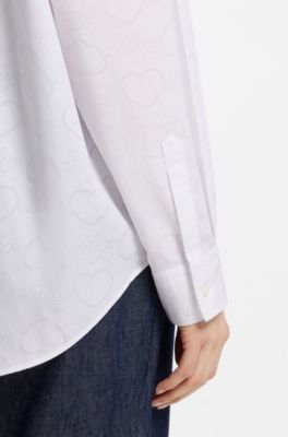 Oversized-fit blouse with burnout heart and logo print, White Patterned