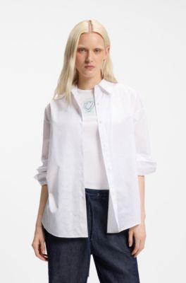 Oversized-fit blouse with burnout heart and logo print, White Patterned