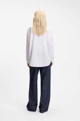 Oversized-fit blouse with burnout heart and logo print, White Patterned