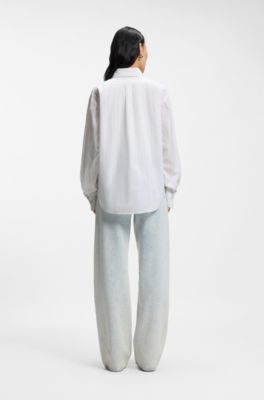 Camicetta relaxed fit in tela di cotone a righe, Celeste