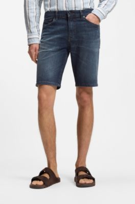 Maine regular-fit shorts in blue soft-motion denim, Dark Blue
