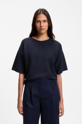 Relaxed-fit trui van katoen en scheerwol, Donkerblauw