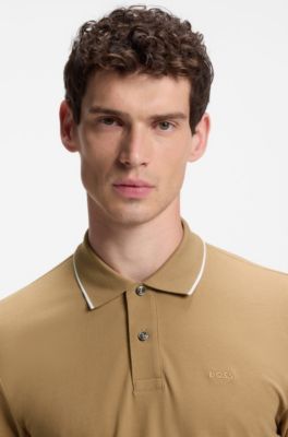 Cotton-piqu&eacute; polo shirt with embroidered logo, Beige
