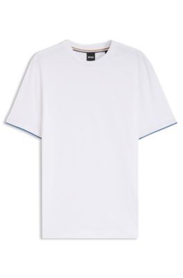 T-shirt i bomuldsjersey med stribede manchetter, Hvid