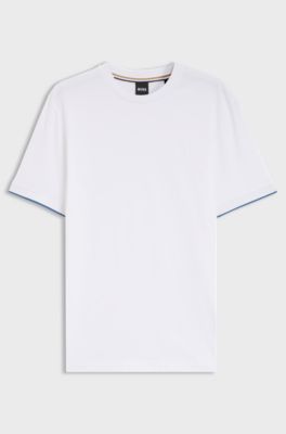 Cotton T-shirt with tipped sleeve cuffs, White