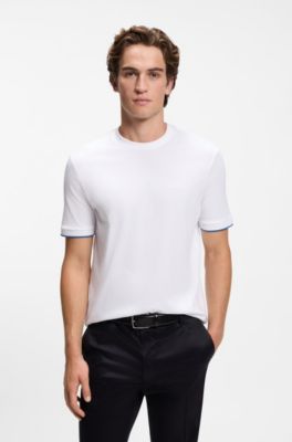 Cotton T-shirt with tipped sleeve cuffs, White