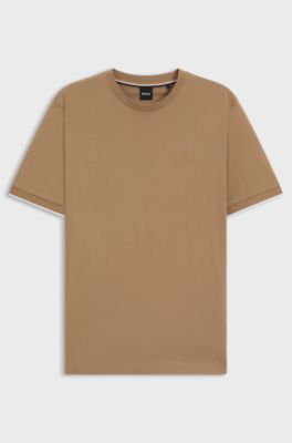 Cotton-jersey T-shirt with striped cuffs, Beige