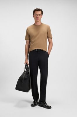 Cotton-jersey T-shirt with striped cuffs, Beige