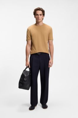 Cotton T-shirt with tipped sleeve cuffs, Beige