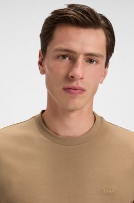 Cotton-jersey T-shirt with striped cuffs, Beige