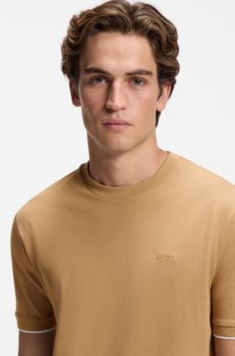 Cotton T-shirt with tipped sleeve cuffs, Beige