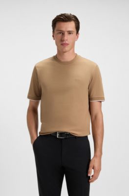 Cotton-jersey T-shirt with striped cuffs, Beige