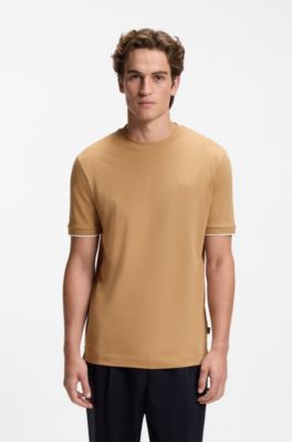 Cotton T-shirt with tipped sleeve cuffs, Beige