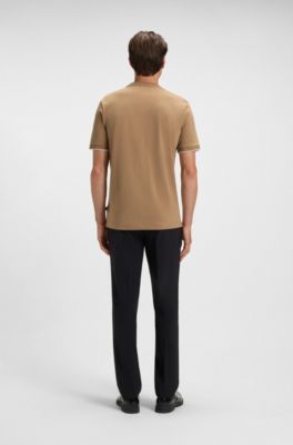 Cotton-jersey T-shirt with striped cuffs, Beige