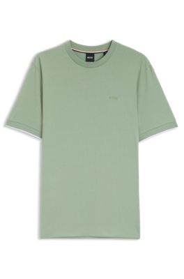 Cotton-jersey T-shirt with striped cuffs, Light Green