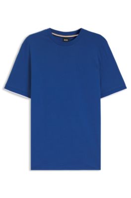 Cotton-jersey T-shirt with striped cuffs, Blue