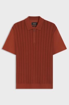 Zip-neck polo shirt in cotton and silk, Dark Orange