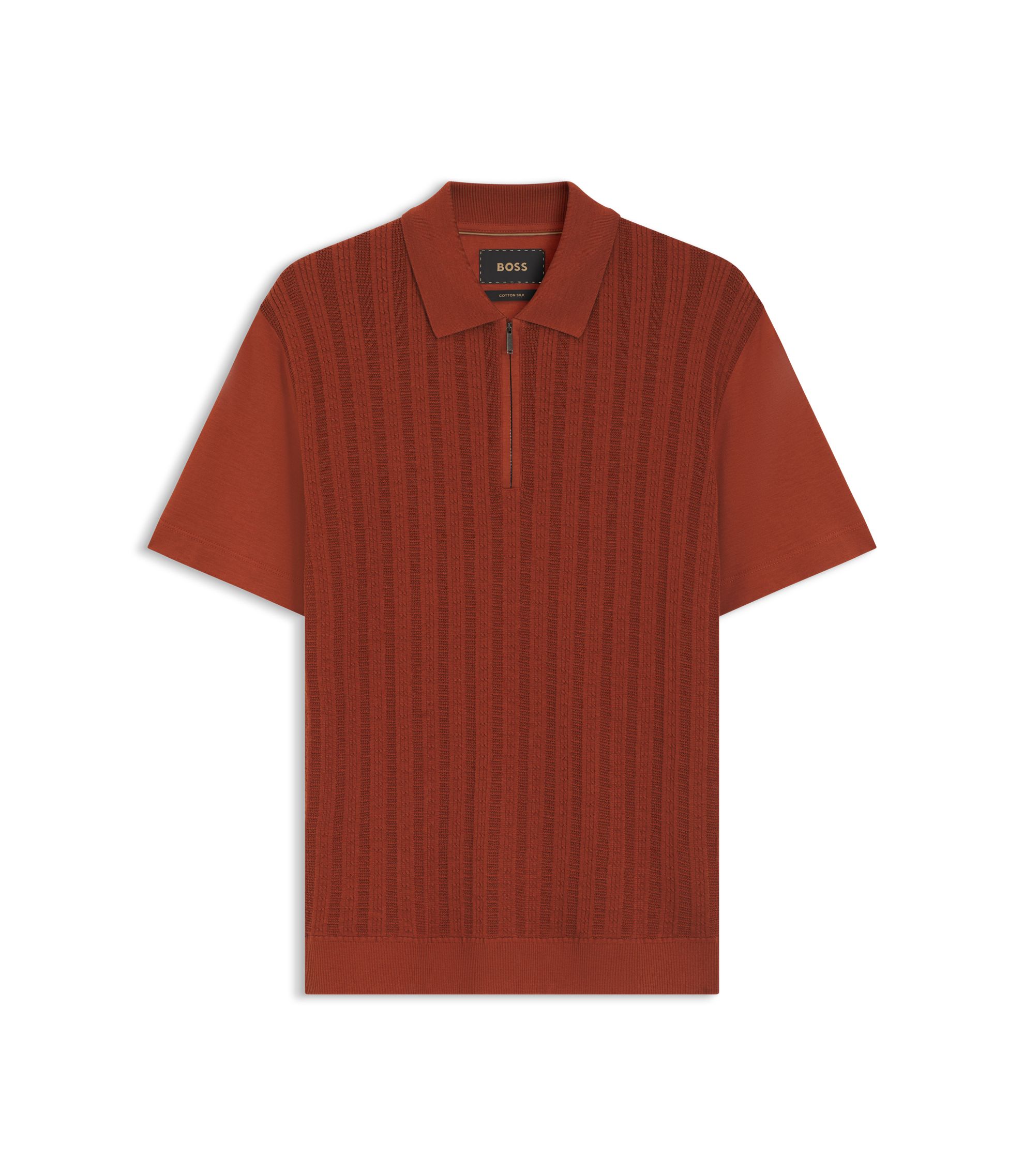 BOSS - Zip-neck polo shirt in cotton and silk - Dark Orange