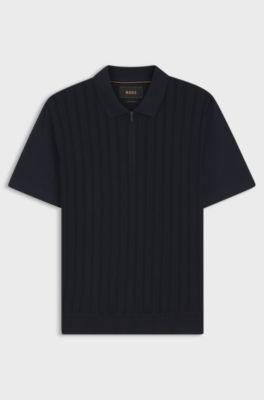Zip-neck polo shirt in cotton and silk, Dark Blue