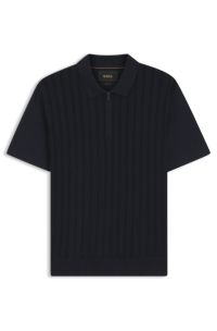 Zip-neck polo shirt in cotton and silk, Dark Blue