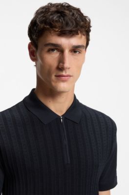 Polo met ritskraag van katoen en zijde, Donkerblauw