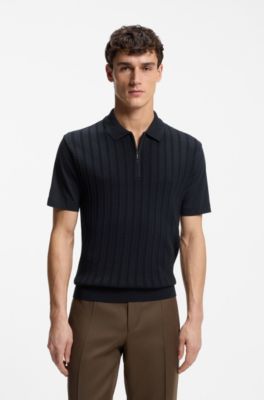 Polo met ritskraag van katoen en zijde, Donkerblauw
