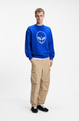 Sweater van katoenen badstof met logo-artwork, Blauw