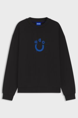 Cotton-terry sweatshirt with Happy HUGO, Black