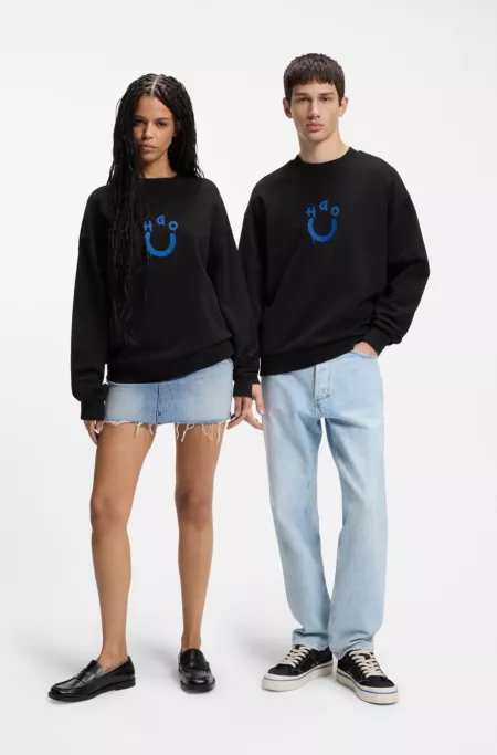 Cotton-terry sweatshirt with Happy HUGO
