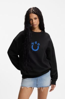 Cotton-terry sweatshirt with Happy HUGO, Black