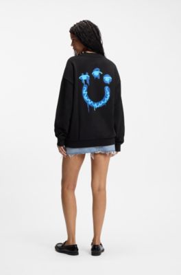 Cotton-terry sweatshirt with Happy HUGO, Black