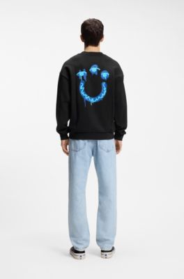 Cotton-terry sweatshirt with Happy HUGO, Black
