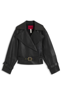 Relaxed-fit leather jacket with belt, Black