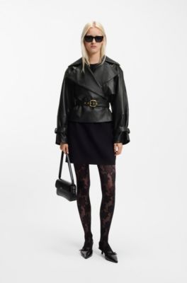 Giubbotto relaxed fit in pelle con cintura, Nero