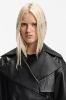 Giubbotto relaxed fit in pelle con cintura, Nero