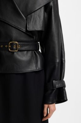 Chaqueta de piel relaxed fit con cintur&oacute;n, Negro