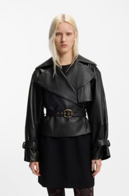 Chaqueta de piel relaxed fit con cintur&oacute;n, Negro